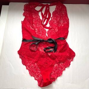La Vie En Rose Red Lace Bodysuit with Black Satin Ribbon
